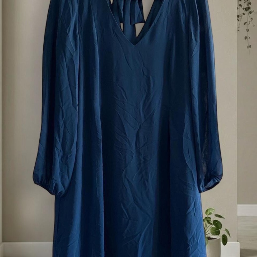 INC Teal blue sheer dress with tie back neck